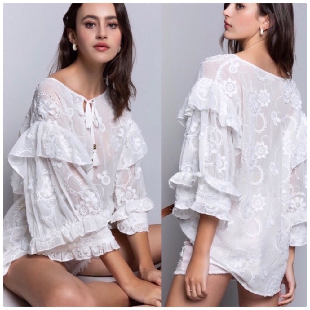 Pol White Boho Embroidered Floral Top with Ruffles - Picture 5 of 16